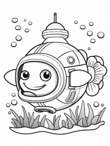 a cute submarine in underwater, simple, clean, children’s coloring book page, no shading, no color, cute, thick outline, no background, --ar 9:12