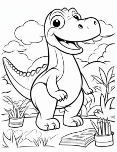 Create an engaging coloring page for toddlers, featuring a friendly dinosaur parade. Use simple line art to illustrate a variety of dinosaurs like T-Rex, Brontosaurus, and Triceratops, each with a cheerful expression. The design should include large shapes and bold lines, making it easy for young children to color within the lines. Add a sun, clouds, and simple trees to complete this delightful prehistoric scene. --ar 17:22