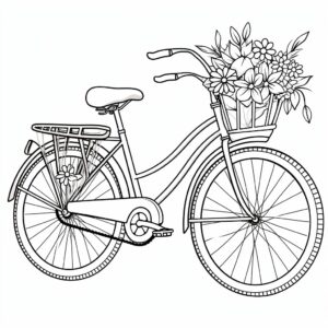 Bicycle with basket, line art, no color, low detail. simple outline and shapes, for kids, for coloring book, black and white, white background, coloring book style on white background, well composed, clean coloring book page, No dither, no gradient, strong outline, No fill, No solids, vector illustration, –ar 9:11 –v 5