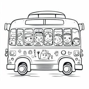 Bus with pupils, line art, no color, low detail. simple outline and shapes, for kids, for coloring book, black and white, white background, coloring book style on white background, well composed, clean coloring book page, No dither, no gradient, strong outline, No fill, No solids, vector illustration, –ar 9:11 –v 5