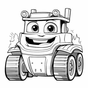 Funny bulldozer with face and eyes, line art, no color, low detail. simple outline and shapes, for kids, for coloring book, black and white, white background, coloring book style on white background, well composed, clean coloring book page, No dither, no gradient, strong outline, No fill, No solids, vector illustration, –ar 9:11 –v 5