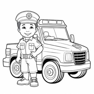 Police car with child, line art, no color, low detail. simple outline and shapes, for kids, for coloring book, black and white, white background, coloring book style on white background, well composed, clean coloring book page, No dither, no gradient, strong outline, No fill, No solids, vector illustration, –ar 9:11 –v 5