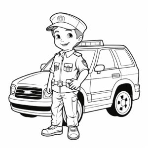 Police car with thief, line art, no color, low detail. simple outline and shapes, for kids, for coloring book, black and white, white background, coloring book style on white background, well composed, clean coloring book page, No dither, no gradient, strong outline, No fill, No solids, vector illustration, –ar 9:11 –v 5