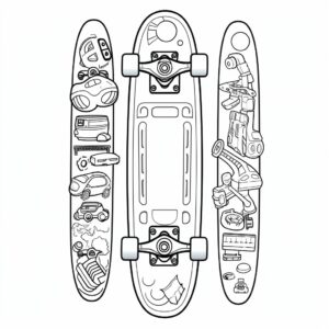 Skateboard with stickers, line art, no color, low detail. simple outline and shapes, for kids, for coloring book, black and white, white background, coloring book style on white background, well composed, clean coloring book page, No dither, no gradient, strong outline, No fill, No solids, vector illustration, –ar 9:11 –v 5