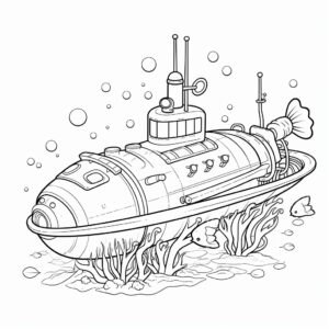 Submarine on the surface, line art, no color, low detail. simple outline and shapes, for kids, for coloring book, black and white, white background, coloring book style on white background, well composed, clean coloring book page, No dither, no gradient, strong outline, No fill, No solids, vector illustration, –ar 9:11 –v 5