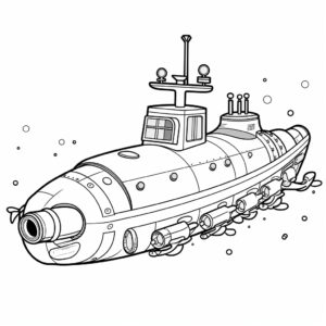 Submarine with periscope, line art, no color, low detail. simple outline and shapes, for kids, for coloring book, black and white, white background, coloring book style on white background, well composed, clean coloring book page, No dither, no gradient, strong outline, No fill, No solids, vector illustration, –ar 9:11 –v 5