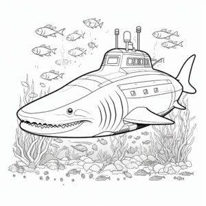 Submarine with sharks, line art, no color, low detail. simple outline and shapes, for kids, for coloring book, black and white, white background, coloring book style on white background, well composed, clean coloring book page, No dither, no gradient, strong outline, No fill, No solids, vector illustration, –ar 9:11 –v 5