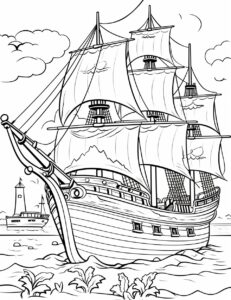 coloring pages for kids, Ghostly pirate ship with spectral sailors, Pixar film cartoon style, thick lines, low detail, black and white, --no shading, --ar 85:110