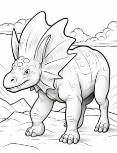 coloring page for kids, Triceratops, cartoon style, thick lines, clean line art , low detail, no shading --ar 17:22