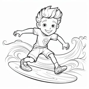 boy surfing coloring page simple black and white no shading and no shadow