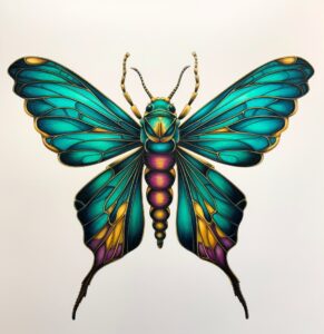 drawing of an insect on paper, in the style of dark emerald and azure, light orange and dark gold, i can't believe how beautiful this is, hand-coloring, dark cyan and dark brown, dark teal and light magenta, captivating --ar 35:36