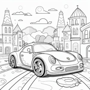 Kids colouring book, car , cartoon, thick lines, black and white, white background –ar 210:297