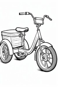 kid's coloring book, cargo tricycles, cartoon, thick lines, black and white, white background --ar 2:3 --style raw