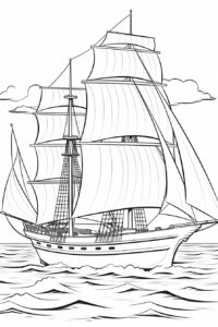 Sailboat - White sails, calm sea. , cute kids coloring pages black white drawing with coloring pages image, in the style of 32k uhd, unique character design, cartoon animation, high resolution, soft-edged, white background, simple lines, vector --no colors --ar 2:3