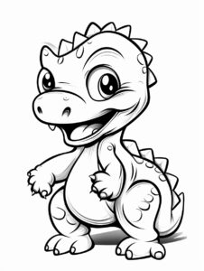 a cute baby dinosaur, cartoon style, black and white coloring book page for children, clean line art, simple line art, clean and minimalistic lines, line drawing style, continuous line drawing, minimalist aesthetic --no color --ar 3:4