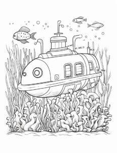 Submarine Voyage: A vintage submarine on an expedition, encountering fantastical sea creatures. Under water, in deep sea, black and white, crisp line, simple line art, 2d vector, clean line, short details, no shadow, in white background, --ar 85:110