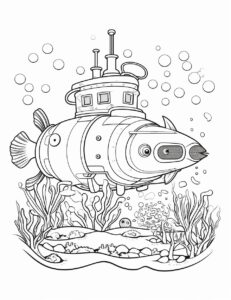 Submarine Voyage: A vintage submarine on an expedition, encountering fantastical sea creatures. Under water, in deep sea, black and white, crisp line, simple line art, 2d vector, clean line, short details, no shadow, in white background, --ar 85:110