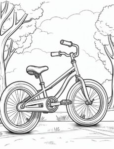 Bicycle illustration for kid coloring book, thicker black line, parked at the park, no shading, side view --ar 85:110