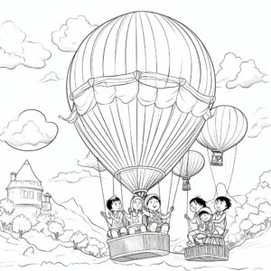 colouring page for childrens books A hot air balloon ride with diverse children on a magical journey cartoon style thick lines no shading low detail