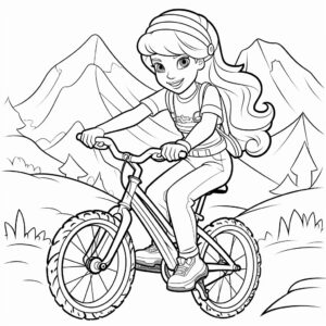 coloring book for girls barbie Mountain biking, cartoon style, barbie style, thick lines, no shadows, no shading, black and white