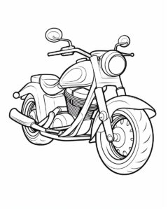 cartoon of motorcycle, children coloring book page, many coloring areas available, clean line art, only lines, simple line drawing, very simple for a child, no area colored in black, only fine lines to facilitate coloring, white background, black and white drawing, no color, disney pixar style, --ar 4:5