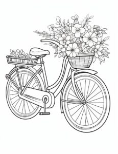 2d outline, simple vector monochrome coloring book page, depicting bicycle, a basket filled with flowers on the front of the bicycle, cute style, clean line art, white background, no shading --ar 17:22