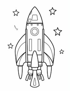 colorbook page,only black and white ,simple rocket, cartoon style, isolated with white background, for kids, for colouring, --ar 17:22