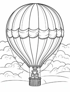 coloring book for kids between 5 and 10 years old of a hot air balloon, cute, black and white, minimalist, simple cartoon style, --ar 17:22