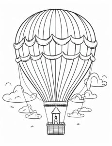 coloring book for kids between 5 and 10 years old of a hot air balloon, cute, black and white, minimalist, simple cartoon style, --ar 17:22