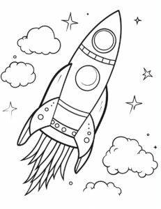 coloring page for kids, illustration, rocket and meteoroids, very simple, thick lines, low detail, black and white, white background, outline only --ar 17:22