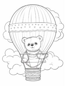 coloring page for kids of a bear in a hot air balloon --ar 3:4 --stylize 50