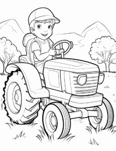 Very easy to draw Coloring page for preschool kids, farmer in tractor, simple shapes, thick lines, low detail, black and white, no shading, --ar 85:110