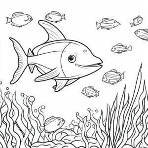 children's colouring book, underwater animals, thick lines, no shading, animated, black and white - ar 9:11