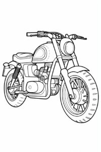 drawn style of a motorcycle, simple thick lines, very simple, minimalist outline, flat icon, white background, no noise, white solid fill, clean, black and white, coloring book page for kids --ar 2:3 --stylize 50