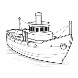 b&w coloring page for kids, toy boat, white background, simply line ilustration