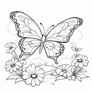 coloring page for kids, black and white lineart, A butterfly carrying a tiny message in its wings over a field of flower, minimalist style, white background, full body, picture, coloring book style on white background, well composed, clean coloring book page, No dither, no gradient, strong outline, No fill, No solids, vector illustration, –ar 9:11