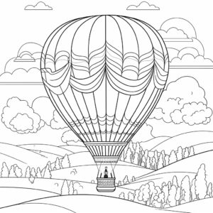 bold and easy hot air balloon scene coloring page, 1 Bit, white background, Version 66