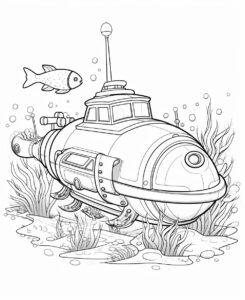 printable kids coloring book, black and white, without shading, thick lines, cartoon style, an underwater submarine --ar 9:11