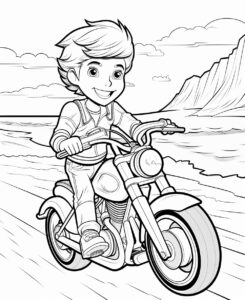 coloring page for kids, Depict a boy rider on a custom motorcycle, cruising along a scenic coastal road with the wind in his hair and the ocean breeze in the air, cute,fun, cartoon style, thick lines, low detail, simple, no shading, black and white --ar 9:11