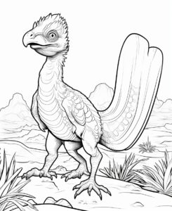 Coloring page for kids, only Black and white full body Oviraptor in Desert, cartoon style, low detail, thick lines, no shading, no grayscale. --ar 9:11