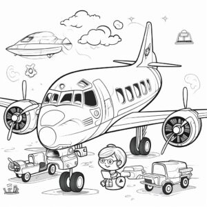 childs coloring page, no shading, black line, airplanes, cartoon style, kawaii style, thick lines, white background, low detail, ar 85:110