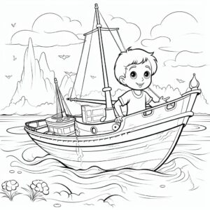 childs coloring page, no shading, black line, boat, cartoon style, kawaii style, thick lines, white background, low detail, ar 85:110