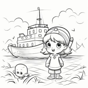 childs coloring page, no shading, black line, boat, cartoon style, kawaii style, thick lines, white background, low detail, ar 85:110