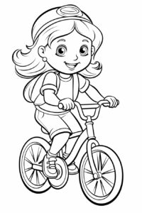 girl riding bicycle, outlined in black and white with clear, thick lines for a preschool coloring book, simple cartoon style, isolated on a white background --ar 2:3