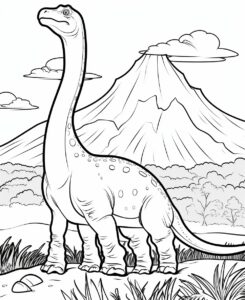 coloring page for kids, Brachiosaurus in a field with a volcano in background, cartoon style, thick lines, low detail, black and white, --no shading, --ar 9:11