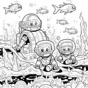 Kid's coloring book, children diving into a planetary ocean with bioluminescent creatures, accompanied by submarine robots, cartoon, thick lines, black and white, white background --style raw