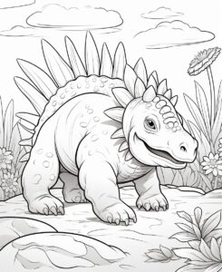 Coloring page for kids, no shading, stegosaurus, no color, thick lines --ar 9:11