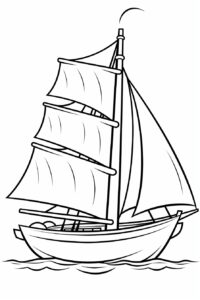 a boat cartoon coloring book page for a toddler, very simple, no background, black and white outline, no shading, thick lines, --ar 2:3