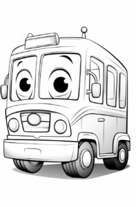 a bus cartoon coloring book page for a toddler, very simple, no background, black and white outline, no shading, thick lines, --ar 2:3