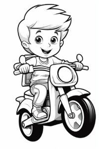 a cartoon coloring page with a little boy riding a motorcycle for a toddler child, black and white, no background, very simple, --ar 2:3